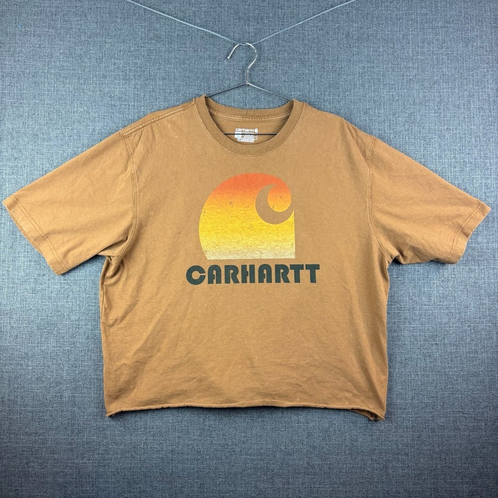 Carhartt Shirt Mens‎ Large Tall Brown Loose Fit Sunset Logo Workwear Cropped Tee